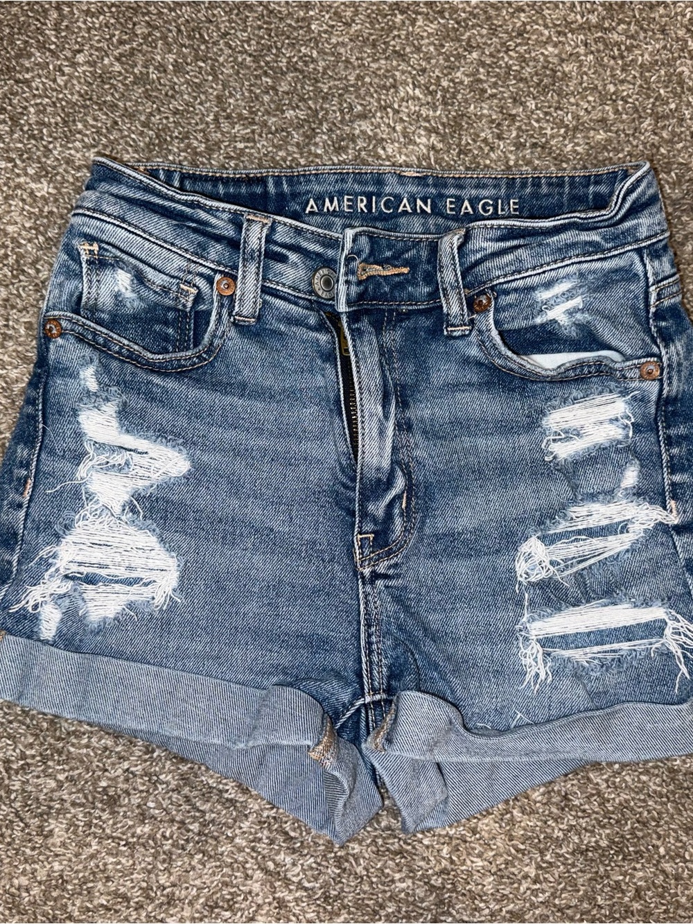 American Eagle Outfitters Distressed Rolled-Hem Jean Shorts - Medium Blue
